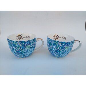 Lilly Pulitzer Floral Lion Oversized Mugs Set Of 2 Blue & Green Ceramic